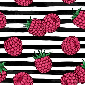Seamless pattern pink raspberries with black contour on black and white wat.. Illustrazione stock