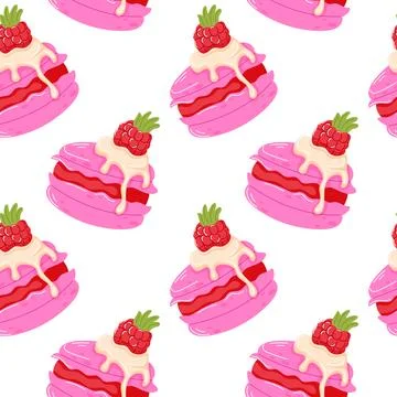 Seamless pattern of pink raspberry macaron with cream and dripping glaze in Stock Illustration
