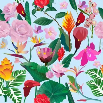Seamless pattern. Pink, red, yellow, blue exotic aquatic and tropical flowers Stock Illustration