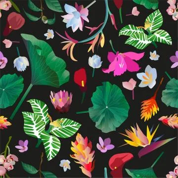 Seamless pattern. Pink, red, yellow, blue exotic aquatic and tropical flowers Stock Illustration