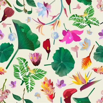 Seamless pattern. Pink, red, yellow, blue exotic aquatic and tropical flowers Stock Illustration