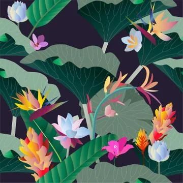 Seamless pattern. Pink, red, yellow, blue exotic aquatic and tropical flowers Stock Illustration