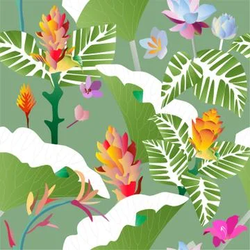 Seamless pattern. Pink, red, yellow, blue exotic aquatic and tropical flowers Stock Illustration