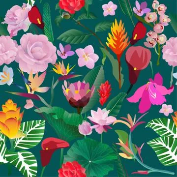 Seamless pattern. Pink, red, yellow, blue exotic aquatic and tropical flowers Stock Illustration