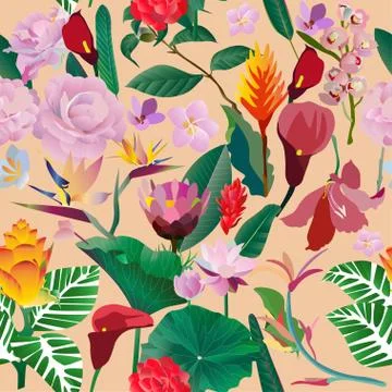 Seamless pattern. Pink, red, yellow, blue exotic aquatic and tropical flowers Stock Illustration