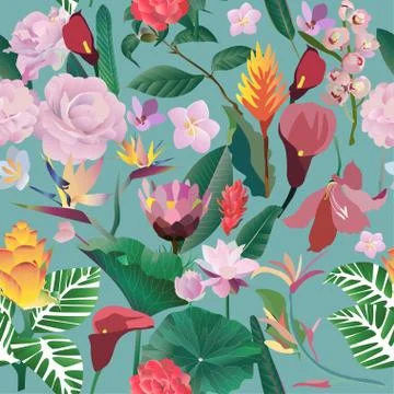Seamless pattern. Pink, red, yellow, blue exotic aquatic and tropical flowers Stock Illustration