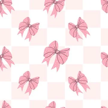 Seamless pattern pink ribbon bow on checkered white-pink background. Vector.. Stock Illustration
