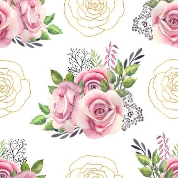 Seamless pattern. Pink rose flower, green leaves, red berries, decorative twigs Stock Illustration