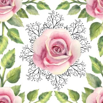 Seamless pattern. Pink rose flower, green leaves, decorative twigs. Floral Stock Illustration
