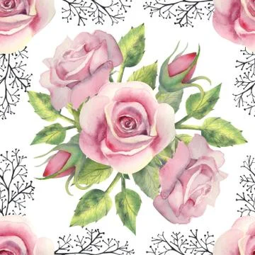 Seamless pattern. Pink rose flower, green leaves, decorative twigs on a white Stock Illustration