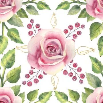 Seamless pattern. Pink rose flower, green leaves, red berries, decorative twigs 스톡 일러스트
