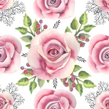 Seamless pattern. Pink rose flower, green leaves, red berries, decorative twi Stock Illustration
