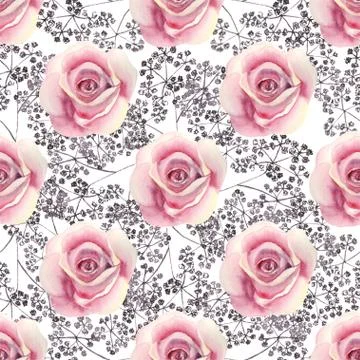Seamless pattern. Pink rose flower, green leaves, decorative twigs on a white Stock Illustration