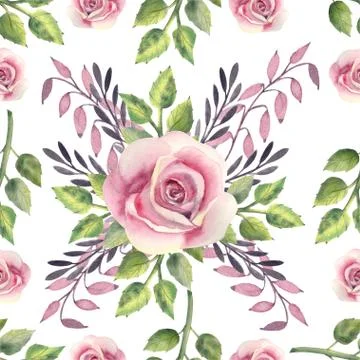 Seamless pattern. Pink rose flower, green leaves, red berries, decorative twi Stock Illustration