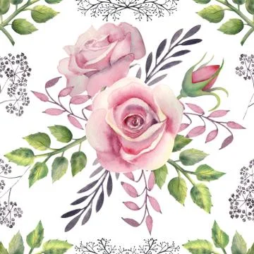 Seamless pattern. Pink rose flower, green leaves, red berries, decorative twi Illustrazione stock