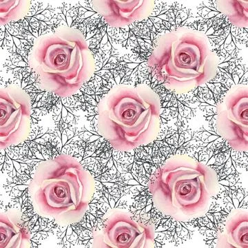 Seamless pattern. Pink rose flower, green leaves, decorative twigs on a white Stock Illustration