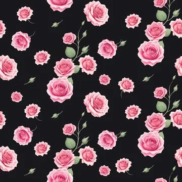 Seamless pattern pink rose flower and soft buds elements on black background 스톡 일러스트