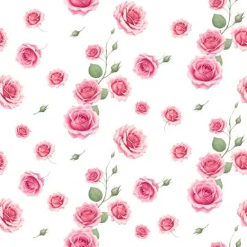 Seamless pattern pink rose flower and soft buds elements on white background Stock Illustration