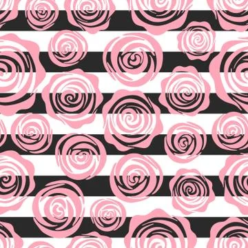 Seamless pattern with pink roses and black stripes.Create gift  packaging paper Stock Illustration