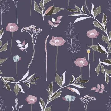 Seamless pattern with pink roses and grey leaves on light background. Tropica Stock Illustration