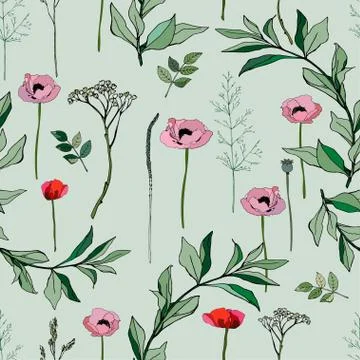 Seamless pattern with pink roses and grey leaves on light background. Tropica Stock Illustration