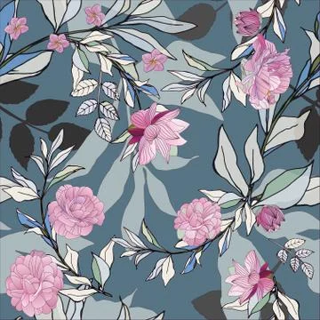 Seamless pattern with pink roses and grey leaves on light background. Tropica Stock Illustration