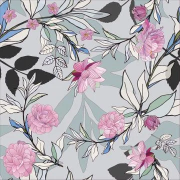 Seamless pattern with pink roses and grey leaves on light background. Tropica イラスト素材