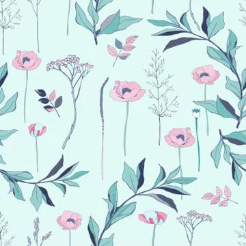 Seamless pattern with pink roses and grey leaves on light background. Tropica Stock Illustration