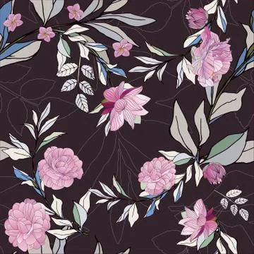 Seamless pattern with pink roses and leaves on bordo background. Tropical flo Stock Illustration