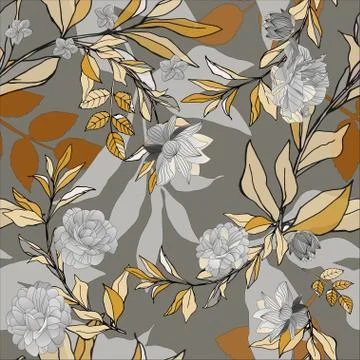 Seamless pattern with pink roses and grey leaves on light background. Tropica イラスト素材