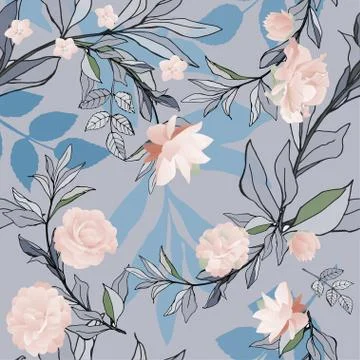 Seamless pattern with pink roses and lilys with lilac, blue and violet leaves Stock Illustration