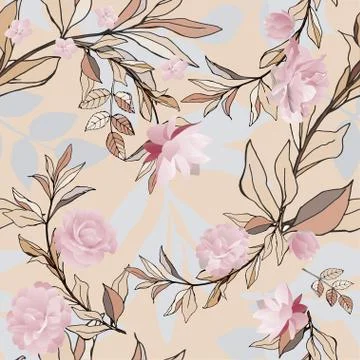 Seamless pattern with pink roses and bleige leaves on light background. Tropi Stock Illustration