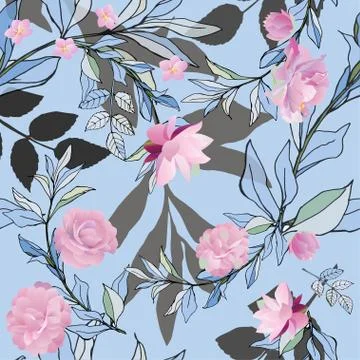 Seamless pattern with pink roses and grey and grey leaves on light blue backg Stock Illustration