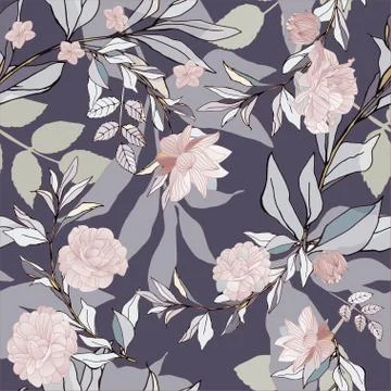 Seamless pattern with pink roses and grey leaves on light background. Tropica Stock Illustration