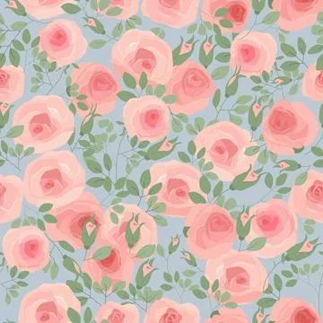 Seamless Pattern with Pink Roses on Blue Background Stock Illustration