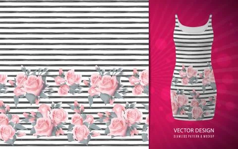Seamless pattern with pink roses border on white background with strip grunge Stock Illustration