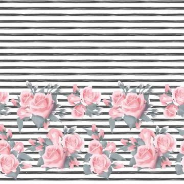 Seamless pattern with pink roses border on white background with strip grunge 스톡 일러스트
