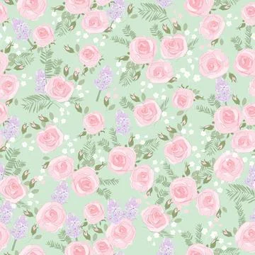Seamless Pattern with Pink Roses on Green Background Stock Illustration
