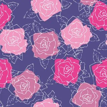 Seamless pattern pink roses on purple background, floral illustration hand dr Stock Illustration