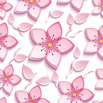Seamless pattern with pink sakura and leaves 스톡 일러스트