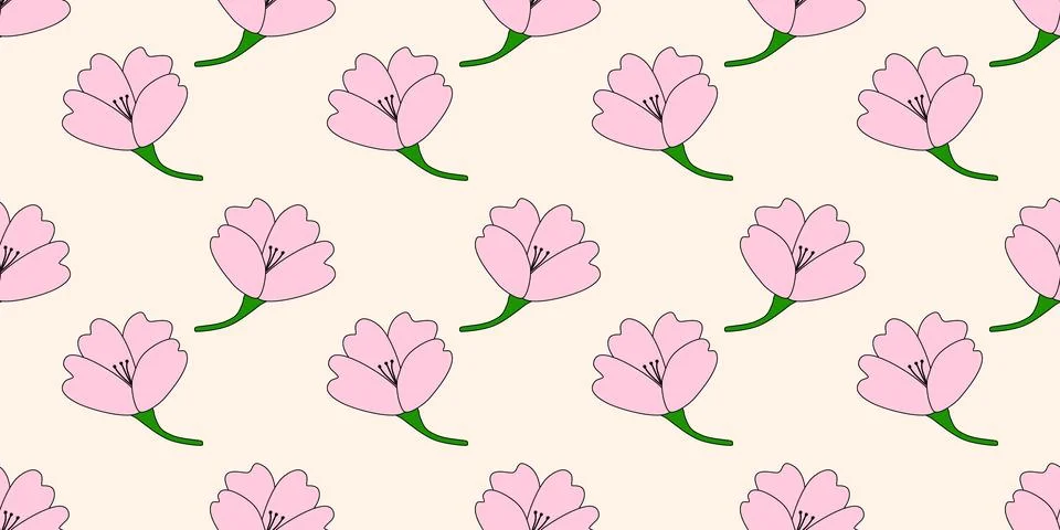 Seamless pattern with pink sakura or cherry blossom flowers on beige, doodle Stock Illustration