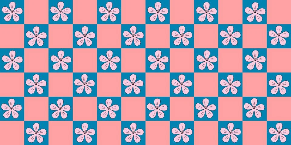 Seamless pattern with pink sakura or cherry blossom flowers on checked pink and Illustrazione stock