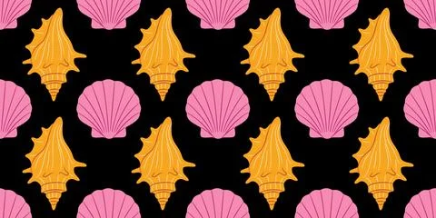Seamless pattern with pink scallop and yellow murex seashells on black back.. Stockillustratie