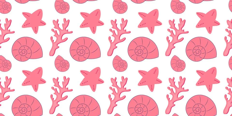 Seamless pattern with pink seashells, corals and starfishes. Marine backgroun Illustrazione stock