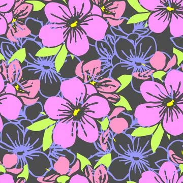 Seamless pattern of pink silhouettes and blue contours of flowers on a gray Stock Illustration