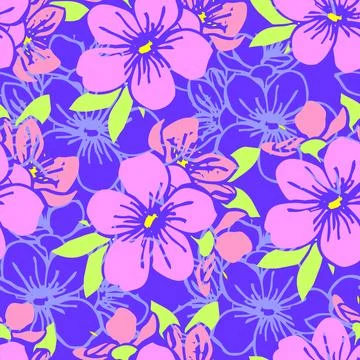 Seamless pattern of pink silhouettes and blue contours of flowers on a blue Illustrazione stock