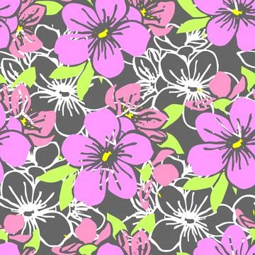 Seamless pattern of pink silhouettes and white contours of flowers Stock Illustration
