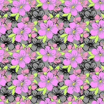 Seamless pattern of pink silhouettes and black contours of flowers Stock Illustration