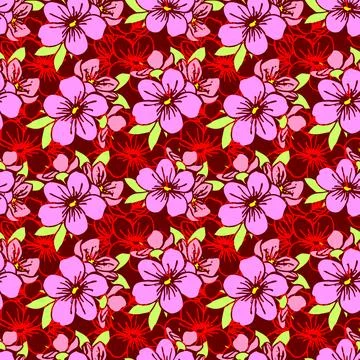Seamless pattern of pink silhouettes and red contours of flowers on a red Stock Illustration
