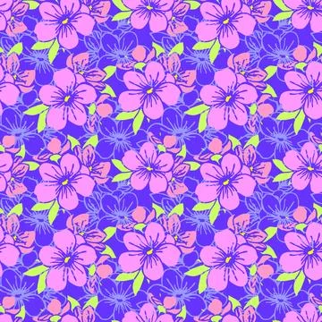 Seamless pattern of pink silhouettes and blue contours of flowers Stock Illustration